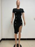 Women Solid Double Breasted Ribbed Dress Round Neck Slit Slim Dress Women Summer