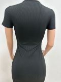Women Solid Double Breasted Ribbed Dress Round Neck Slit Slim Dress Women Summer