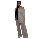 Plus Size Women Solid Long Sleeve Top And Pant Two-Piece Set
