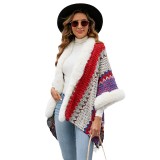 Women Striped Ethnic Style Cape Fur Collar Shawl Outer