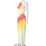 Women Summer Sexy Sleeveless Slash Shoulder Pleated Ombre Print Dress