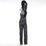 Women summer lace hooded sexy See-Through slit Jumpsuit