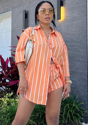 Women Casual Fashion Stripe Print Pocket Shirt and Shorts Two-Piece Set