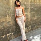 Women Summer Elegance Embossed Laminated Lace Up Crop Top And Pant Two-Piece Set