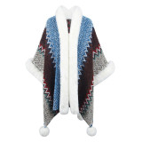 Women Striped Ethnic Style Cape Fur Collar Shawl Outer