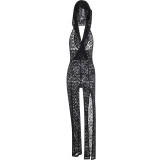 Women summer lace hooded sexy See-Through slit Jumpsuit