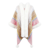 Women Striped Ethnic Style Cape Fur Collar Shawl Outer