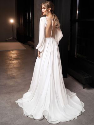 Women's V-Neck Long Sleeve Low Back Wedding Slim Slit Long Dress