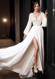 Women's V-Neck Long Sleeve Low Back Wedding Slim Slit Long Dress