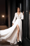 Women's V-Neck Long Sleeve Low Back Wedding Slim Slit Long Dress