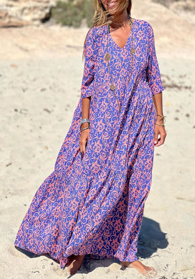 Women's Early Autumn Fashion V-Neck Print Casual Beach Swing Dress