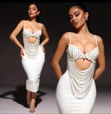 Gorgeous Beaded Sexy Cutout Strap Elegant Chic White Bandage Evening Gown