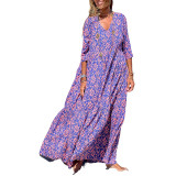 Women's Early Autumn Fashion V-Neck Print Casual Beach Swing Dress