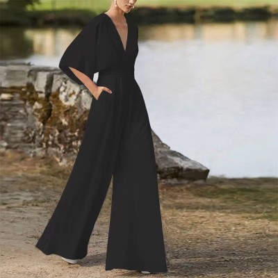 Spring And Summer Solid Color Fashion V-Neck Jumpsuit Mid-Waist Chic Career Jumpsuit