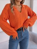 Autumn/Winter Casual Turndown Collar Solid Color Plaid Long Sleeve Knitting Pullover Sweater Women's Clothing