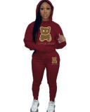 Casual Hooded Hoodies Set Trendy Bear Print Sweatpants Set