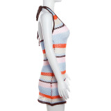 Summer Women's Sleeveless Knitting Halter Neck High Neck High Waist Slim Short Dress
