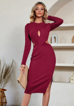 Sexy Women's Winter Casual Solid Color Slim Waist Hollow Out Dress For Women