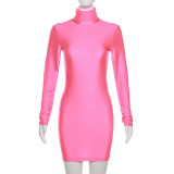 Summer Ladies Sexy Casual Turtleneck Solid Color Slim Fit Long Sleeves High Waist Bodycon Dress