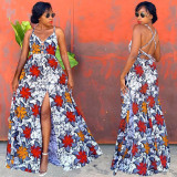 Women's Fashion Print Sexy Low Back Slit Halter Swing Maxi Dress