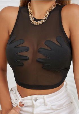 Summer Women's Round Neck Sleeveless See-Through Mesh Patchwork Palm Creative Vest