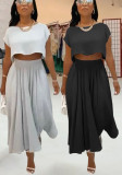 Women Casual Pleated Short Sleeve Crop Top And Skirt Two-Piece Set