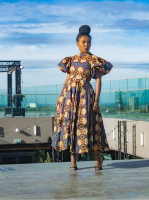 African Ladies Turtleneck Balloon Sleeve Pocket Print Dress