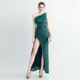 Women Ostrich Fur Slash Shoulder Roman Neck Sequined Evening Dress