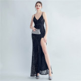 Women Sequined Side Slit Evening Dress