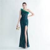 Women Ostrich Feather Sequined Slash Shoulder Evening Dress