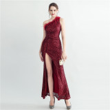 Women Ostrich Fur Slash Shoulder Roman Neck Sequined Evening Dress