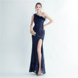 Women Ostrich Feather Sequined Slash Shoulder Evening Dress