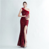 Women Ostrich Feather Sequined Slash Shoulder Evening Dress