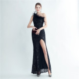 Women Ostrich Feather Sequined Slash Shoulder Evening Dress