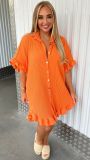 Women Summer Solid Ruffle Sleeve Irregular Shirt Dress