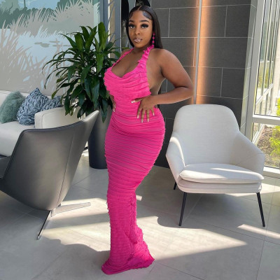 Women Sexy Solid Halter Neck U-Neck Backless Maxi Dress