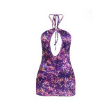 Women Summer Print Sleeveless Halter Neck Sexy Bodycon Dress