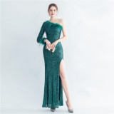 Women Ostrich Fur Slash Shoulder Roman Neck Side Slit Evening Dress