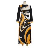 Women Elegant Long Sleeve Round Neck Print Maxi Dress