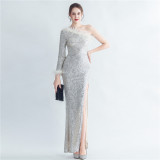 Women Ostrich Fur Slash Shoulder Roman Neck Side Slit Evening Dress