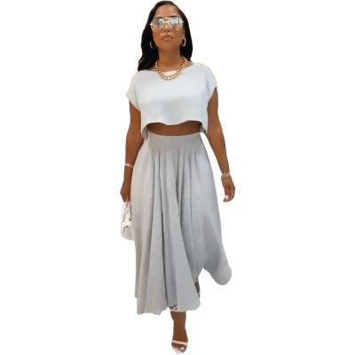 Women Casual Pleated Short Sleeve Crop Top And Skirt Two-Piece Set