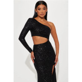 Women's Wrapped Chest One Shoulder Long Sleeve Sequin Cutout High Waist Fashion Evening Dress Chic Dress