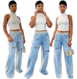 Women's Fashion Casual Ripped High Waist Denim Two Tone Patchwork Wide Leg Trousers