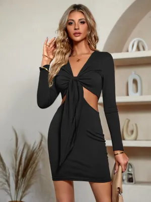 Casual Sexy Style Women's Autumn And Winter Solid Color Long-Sleeved Knitting V-Neck Dress For Women