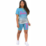 Summer Ombre Print Short Sleeve T-Shirt Shorts Casual Style Women's Two-Piece Set