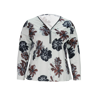 Plus Size Women's Spring And Autumn Fashion Zipper Flower Print Long Sleeve T-Shirt Top