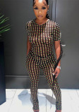 Summer Short-Sleeved Mesh Print Fashion Slim See-Through High-Waisted Two Piece Trouser Suit