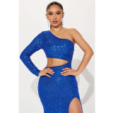 Women's Wrapped Chest One Shoulder Long Sleeve Sequin Cutout High Waist Fashion Evening Dress Chic Dress