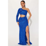 Women's Wrapped Chest One Shoulder Long Sleeve Sequin Cutout High Waist Fashion Evening Dress Chic Dress