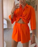 Summer Suit Simple Lace Up Open Waist Slim Long Sleeve Slim Fit Fashion Two-Piece Shorts Set For Women
